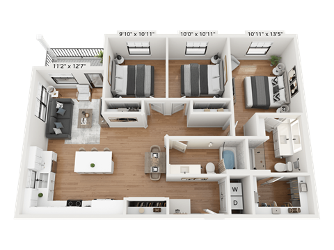 a 3d floor plan of a 3 bedroom apartment
